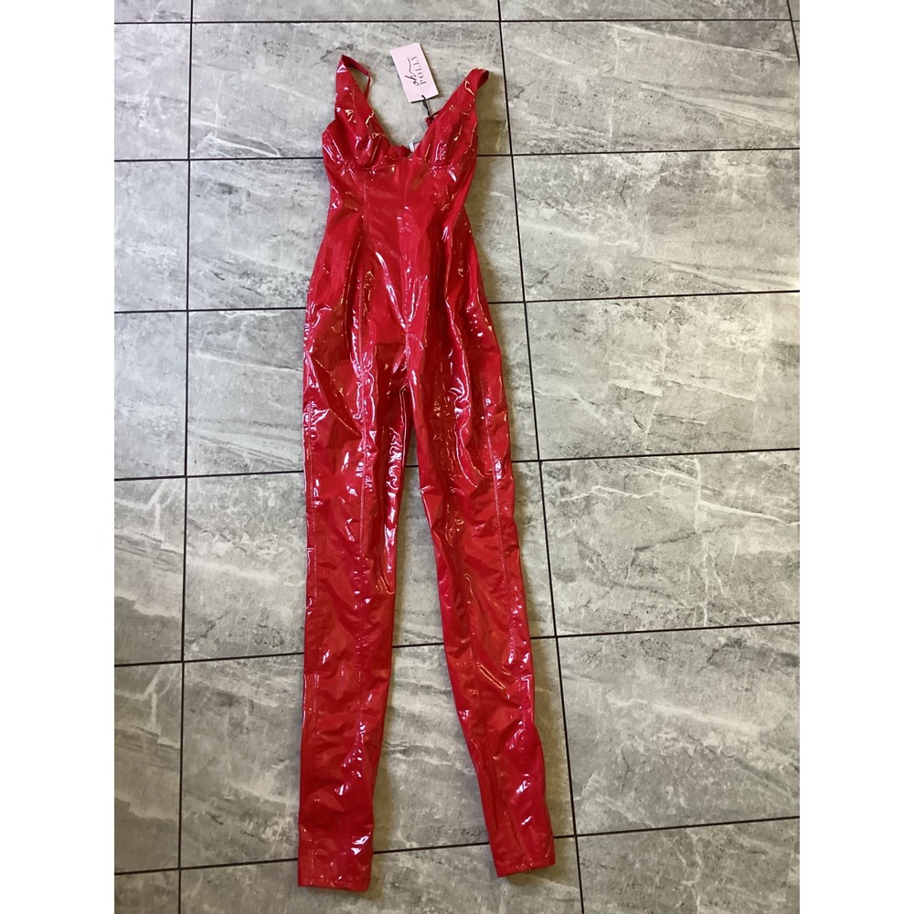 Oh Polly Fire Red Vinyl Corset Jumpsuit Womens US 0 UK 4 New With Tags - Picture 2 of 13